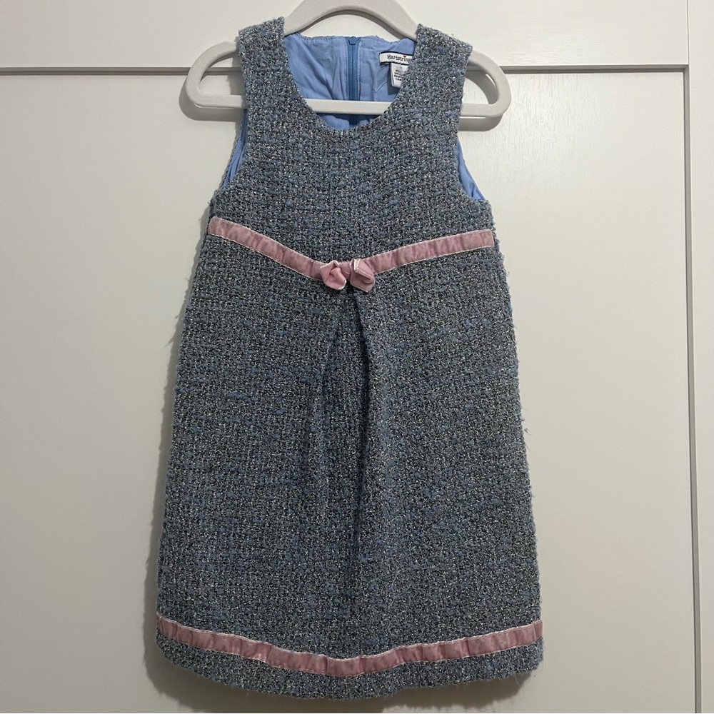 Hartstrings Tweed Twill Velvet Bow Toddler Girls 4T Summer Dress